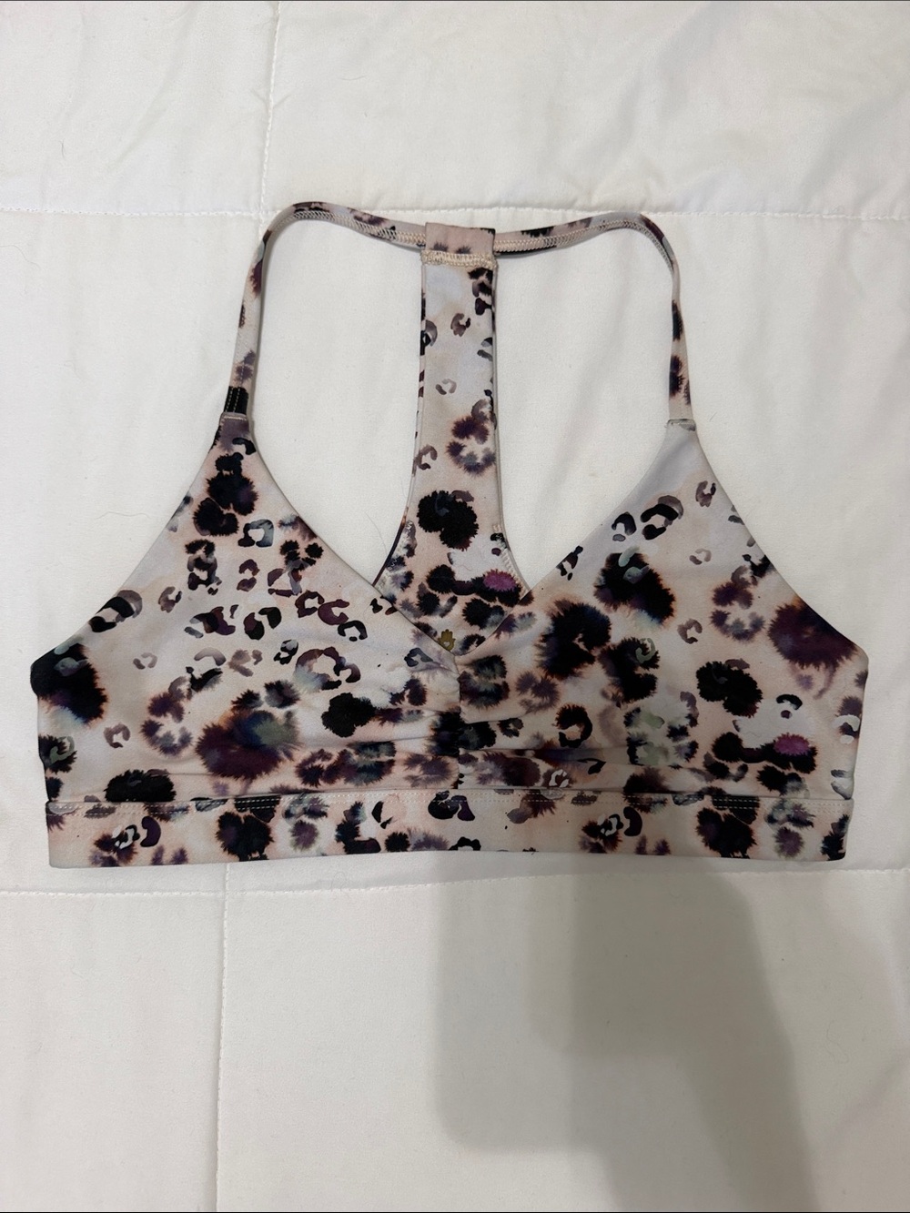 Spiritual Gangster Leopard-Print Racerback Sports Bra in Light Taupe and Black